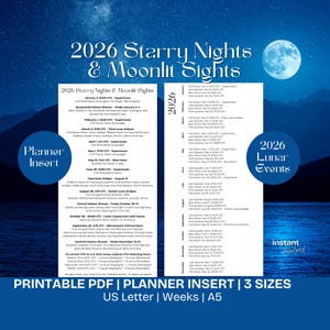 Afdrukbare maankalender maanstanden 2026 | Volle manen Verduisteringen Meteorenregen | A5 Hobonichi Weeks US Letter Planner Insert 2026 Moon Cycle