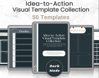 Diagrama de lluvia de ideas en modo oscuro, mapas mentales, establecimiento de objetivos, insertos, volcado de ideas, mapas de ideas, hojas de trabajo, plantillas PDF, toma de notas digitales