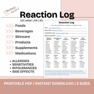 Reaction Log Health Tracker Food Allergy Intolerance Skincare Supplement Medication Tracker Migraine Tracking Symptom Journal  Printable PDF