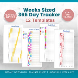 May include: A planner insert with the text "Weeks Sized 365 Day Tracker 12 Templates." The insert includes templates for tracking periods, fitness, daily mood, and sugar intake. The design features a grid layout with color-coded sections.