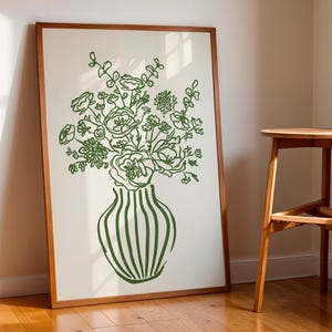 Abstract Modern Floral Print, Green Living Room Decor, Trendy Bouquet Vase Art, DIGITAL DOWNLOAD, Hand Drawn Botanical Print, Minimal Poster