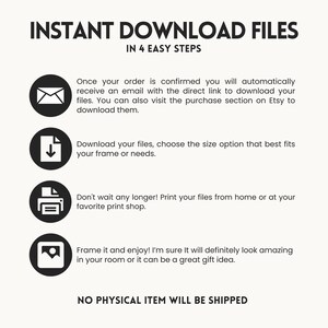 Puede incluir: Un gr&aacute;fico con cuatro pasos para descargar archivos digitales. Los pasos son: 1. Recibir un correo electr&oacute;nico con un enlace de descarga. 2. Descargar los archivos y elegir el tama&ntilde;o. 3. Imprimir los archivos en casa o en una imprenta. 4. Enmarcar la impresi&oacute;n y disfrutar. El texto "INSTANT DOWNLOAD FILES" y "IN 4 EASY STEPS" est&aacute; en la parte superior del gr&aacute;fico. El texto "NO PHYSICAL ITEM WILL BE SHIPPED" est&aacute; en la parte inferior del gr&aacute;fico.
