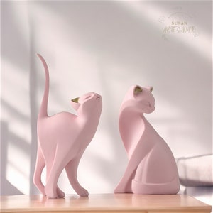 Minimalist Cat Statue | Decorative Cat Ornament Figurine for Animal Lovers | Cat Gift for Mom | Pink Kitten Figurine | Minimalist Sculpture