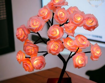 Rose Tree Lamp with LED Petals | 24 LED Rose Tree Lights | Handmade Bedroom Decoration | Flower Arrangement Light | Flower Night Light