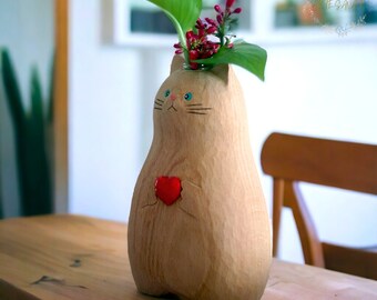 Cute Handmade Cat Vase | Wooden Cat Vase | Animal Decorative Vase | Unique Flower Vase Decor | Gifts for Cat Lovers | Mother's Day Gift