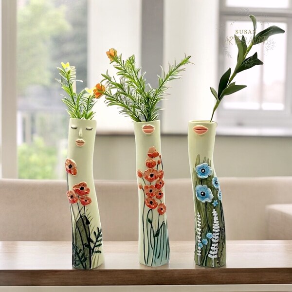 Handgefertigte Gesichtsvase für getrocknete Pflanzen | Geschenkidee | Boho Dekor Vase | Gesichtsvasen für Pflanzen | Süßes Geschenk für Mama | Frauen-Figurenvase als Geschenk