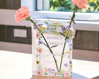 Vase livre en acrylique pour fleurs | Vase livre Secret Garden | Cadeaux pour les amateurs de lecture | Vase en forme de livre | Vase à figurines | Cadeau de pendaison de crémaillère