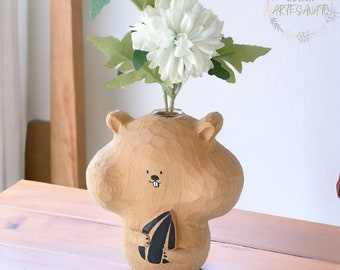 Leuke handgemaakte hamstervaas | Houten Hamstervaas | Dierlijke decoratieve vaas | Uniek bloemenvaasdecor | Charmant katachtig decor | Cadeau voor haar