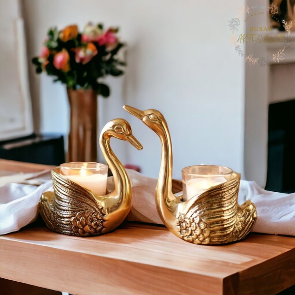 Pair Of Swans Candle Holder | Brass Finish Kissing Birds Statue | Housewarming Gift for Mom | Home Decor & Showpiece | Love gift for mom