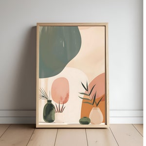 Cartel boho abstracto con jarrones frondosos / Arte de pared boho