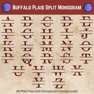 May include: A set of 26 split monogram letters in a buffalo plaid design. Each letter is divided horizontally, with the plaid pattern filling the lower half. The letters are displayed on a textured, tan background. The image includes text that says "Buffalo Plaid Split Monogram".