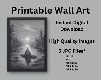 自然瞑想グレースケールアートプリント – 静かな禅の装飾（デジタルダウンロード）