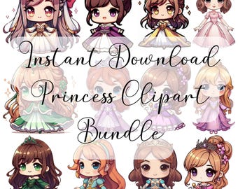 Chibi Princess Clipart Natychmiastowe pobieranie Sublimacja Projekt dla Rzemiosła i Projektów DIY