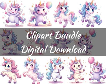 Süße Einhorn Clipart sofortiger Download für Sublimationsdesign - skurrile Ballon und florale Elemente für Kinder Basteln