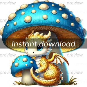 Adorável Dragão Sob Cogumelo Azul Digital Clipart - Download Instantâneo - sublimação