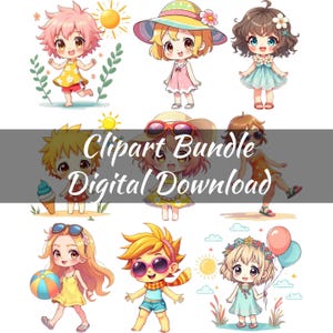 Cute Summer Clipart Set for Instant Download - Sublimation Design for Kids, Fun Illustrations, and Digital Art Chibi Inspired