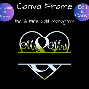May include: A green and white heart-shaped split monogram with the words "Mr & Mrs" in a cursive font. The text is in a white font and the heart is outlined in white. The background is black.