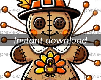 気まぐれな感謝祭のジンジャーブレッドブードゥー人形のクリップアート - お祝いの即時ダウンロードデザインオンデマンド印刷商用ライセンス 300 DPI