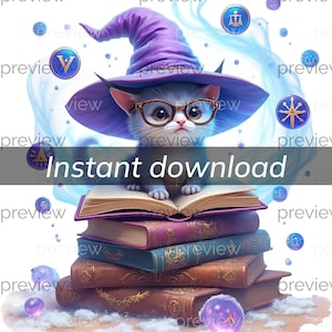 Clipart de gatito mago amante de los libros: adorable gato de pelaje azul con sombrero de mago y gafas, tema de erudito mágico para descarga instantánea POD, 300 DPI