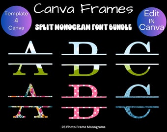 Może przedstawiać: Zestaw 26 podzielonych ramek do zdjęć z monogramem dla Canva. Ramki są dostępne w trzech różnych stylach: zielony krajobraz, wzór kwiatowy i wzór w różowe kropki. Ramki są zaprojektowane do użycia z podzieloną czcionką monogramu, gdzie pierwsza litera imienia jest umieszczona nad linią, a druga litera pod linią.