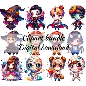 すぐにダウンロードできるちびハロウィン クリップアート PNG セット - クラフトやパーティーのためのかわいい昇華デザイン