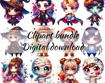 May include: A digital clipart bundle of ten colorful illustrations featuring various characters, including a vampire, a clown, a mummy, a zombie, and a witch. The text "Clipart bundle Digital download" is displayed in the center of the image.