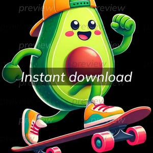 Zabawny awokado skateboarder Clipart - Natychmiastowe pobranie projektu sublimacji dla zabawnych i fantazyjnych projektów