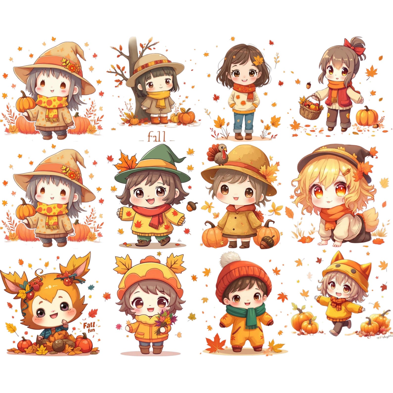Charming Fall Chibi Clipart Set – Autumn Sublimation Designs (digital ...