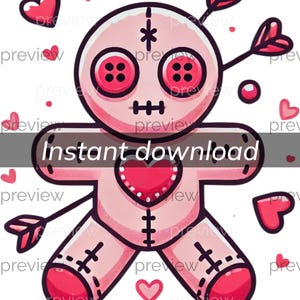 Lindo muñeco vudú clip art para el día de San Valentín: descarga instantánea con corazones y elementos de Cupido. Licencia comercial de impresión a pedido: 300 DPI