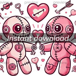 愛らしいバレンタインデーのブードゥー人形のクリップアート、ハートと愛のシンボル付き - 昇華デザイン用の即時ダウンロード