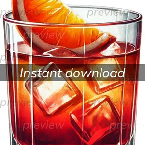 Clipart di cocktail vecchio stile da scaricare immediatamente per il design a sublimazione, ghiaccio e fetta d'arancia, perfetto per progetti fai da te