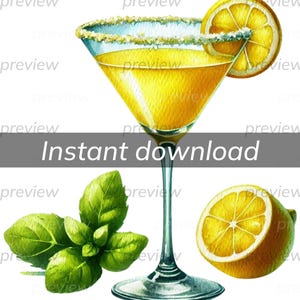 Bright Lemon Drop Martini Clipart Download immediato per design a sublimazione, stampa su richiesta licenza commerciale arte per bevande per adulti