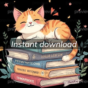 Adorable Orange Tabby Cat Relaxing on Colorful Books - Cute Clipart for  Personal and Commercial Use. Transparent Background 300 DPI