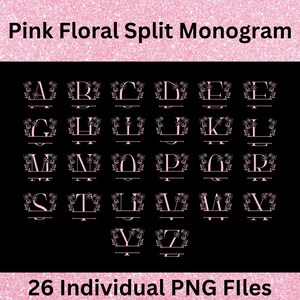 Arquivos digitais PNG de monograma de divisão floral com brilho rosa pálido. Conjunto de 26 arquivos PNG perfeitos para uso pessoal e comercial limitado