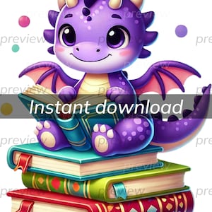 Puede incluir: Un dragón morado con ojos grandes y alas está sentado en una pila de libros coloridos. El dragón está sosteniendo un libro abierto en sus patas. El texto "Descarga instantánea" es visible en la imagen.