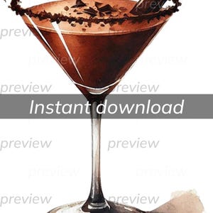 May include: A chocolate martini cocktail in a martini glass with a chocolate rim and chocolate shavings. The glass is on a white background.