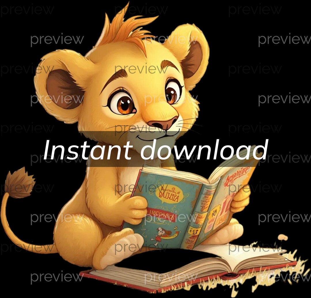 Cartoon Lion Cub Reading Clipart: Kids' Sublimation Design (digital ...
