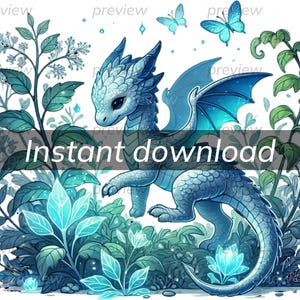 Ilustración de fantasía imprimible con arte digital de dragón azul encantador para decoración del hogar y regalos