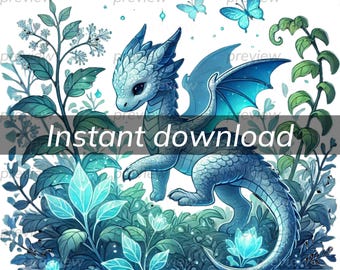 Enchanting Blue Dragon Digital Art Printable Fantasy Illustration Instant Download for Home Decor and Gifts
