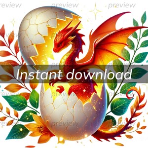 Arte digital de huevo de dragón encantador, descarga instantánea, arte de pared de fantasía para decoración del hogar e impresión a pedido POD