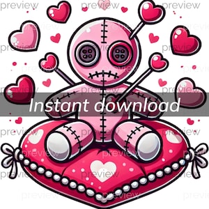 Entzückende Valentinstag Voodoo Doll Clip Art Illustration mit Herz Pfeilen. Perfekt für den kommerziellen und persönlichen Gebrauch. Druck auf Bestellung