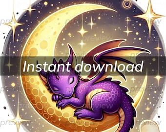 Whimsical Purple Dragon Art Print - Magical Moon Digital Download - Instant Printable Wall Decor for Kids Room