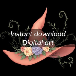 Zauberhafter Korallen Hexenhut mit Blumenschmuck - Bezaubernde digitale Kunst zum ausdrucken