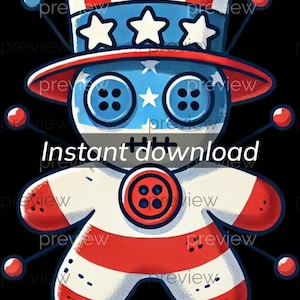 Clipart patriotique de poupée vaudou - Design rouge, blanc et bleu du 4 juillet des États-Unis pour le téléchargement immédiat et les projets de sublimation