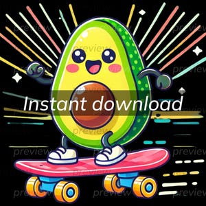 Fröhliche Avocado Figur auf Skateboard - lustige Cliparts zum sofortigen Download und Sublimationsdesign Print on Demand Kommerzielle Lizenz