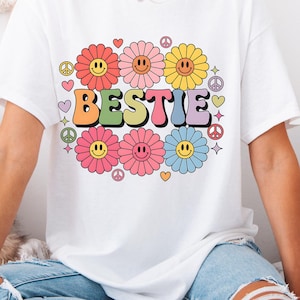 Fleurs Groovy Bestie Png | Meilleur ami png | Rétro Bestie Smiley Daisy PNG | Design imprimable en sublimation d'autocollants Bestie | Cadeau amusant pour la meilleure amie