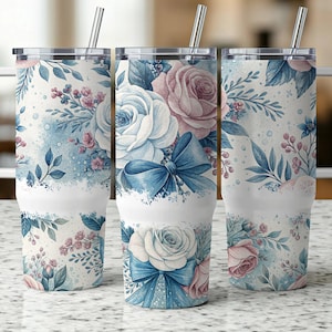 Blue Coquette Floral Tumbler Wrap, modello per sublimazione da 40 oz, download digitale, design floreale vintage