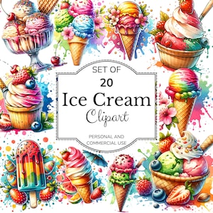 Ice Cream Clipart Set of 20 | Colorful Watercolor Dessert Illustrations | Summer Sweet Treat PNG | Commercial Use | Instant Download