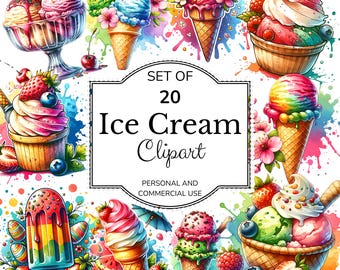 Watercolor Ice Cream Clipart Set: Summer Dessert PNG (Commercial Use, Digital Download)