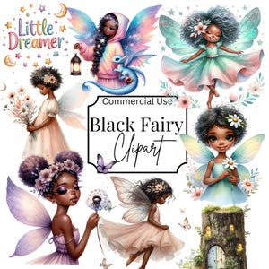 Black Fairy Clipart Bundle – 39 PNGs of African American Girls with Wings, Animals, Books & Magic for Sublimation and Commercial Use